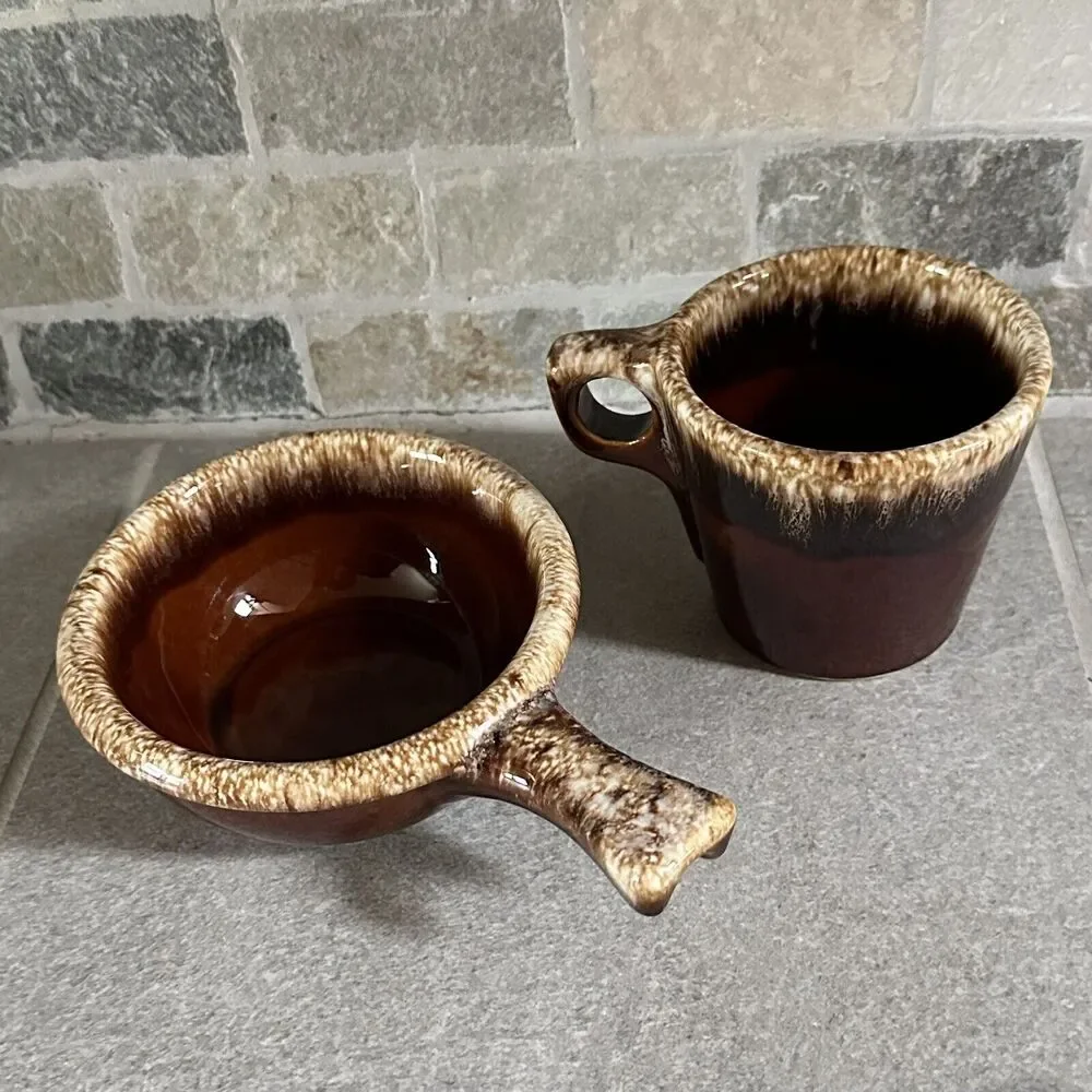 VTG Hull USA Pottery Brown Drip Glaze 1 Mug 1 Soup Bowl Crock Oven Proof
